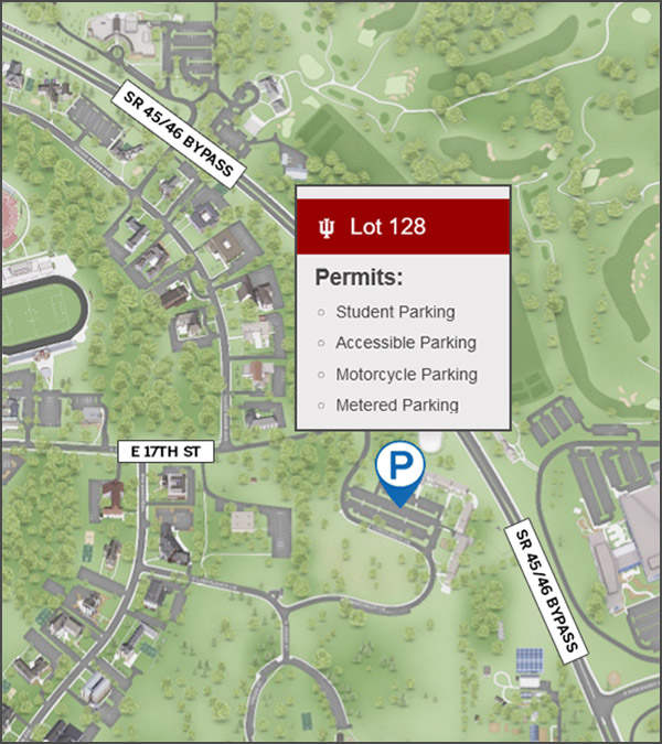 Map showing the location of Lot 128 on the IU Bloomington campus